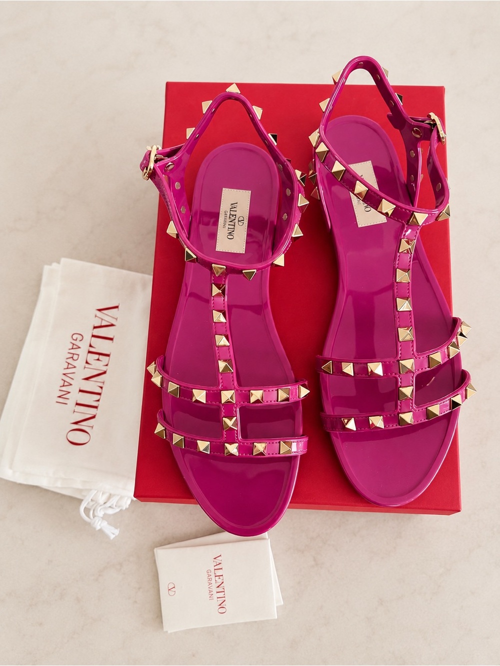 Valentino Garavani Fuchsia Jelly Rockstud Sandals with Gold Studs